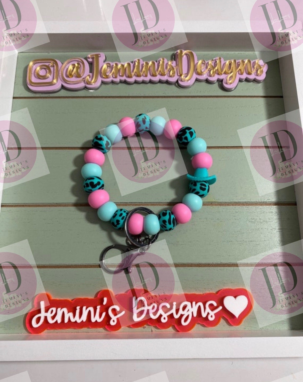 Beaded Bangle Cowboy hat teal & pink cow print Keychain/beaded Bangle for her/teal and pink cowboy wristlet/bangle