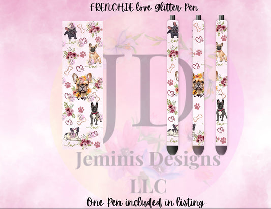 French Bulldog love glitter pen wrap pen, pen wrap with Lots of vibrant colors sparkle. Pink French Bulldog pen.  Frenchie pen choice.