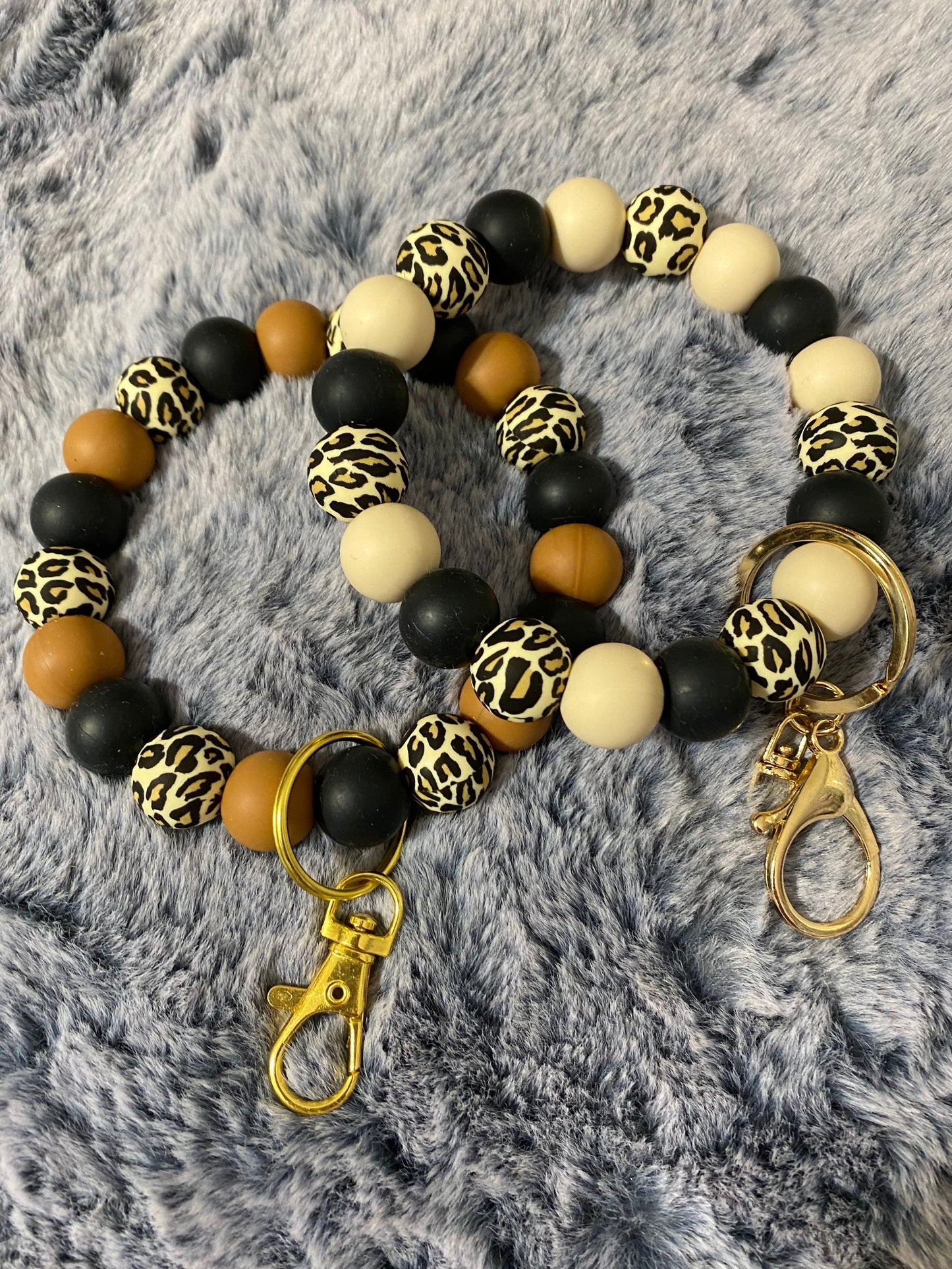 Ready to Ship Beaded Bangle Brown or cream Keychain/beaded leopard  Keychain/gifts for mom/gifts for her/anxiety beads