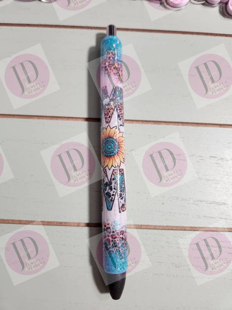 Sunflower leopard turquoise Mom Glitter pen, pen wrap with Lots of sparkle.   Gorgeous glitter pen