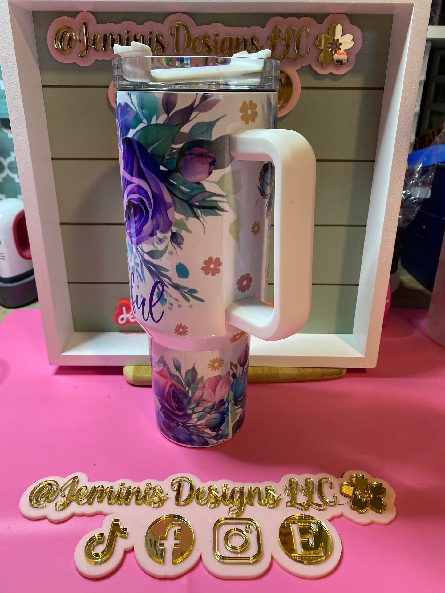 Hello Beautiful purple and turquoise floral 40oz sublimated tumbler.  Vibrant colors & design.