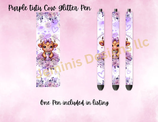 Highland cow purple floral pen wrap Glitter pen, pen wrap with Lots of vibrant colors sparkle.   Gorgeous glitter pen/ moody highland