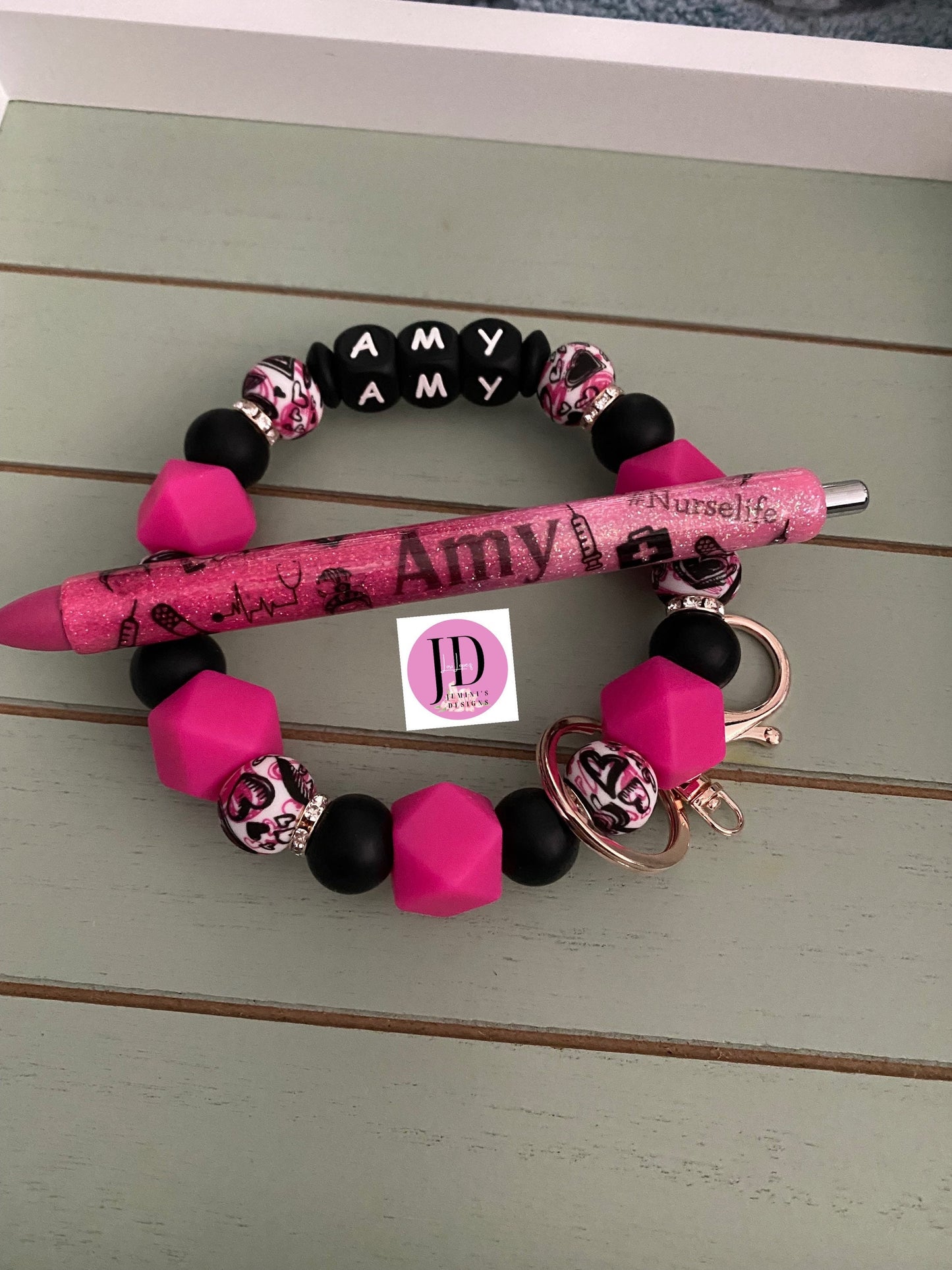 Custom beaded Keychain & glitter gel pen  set/ custom name Bangle and glitter pen.  Choose what color beads and glitter