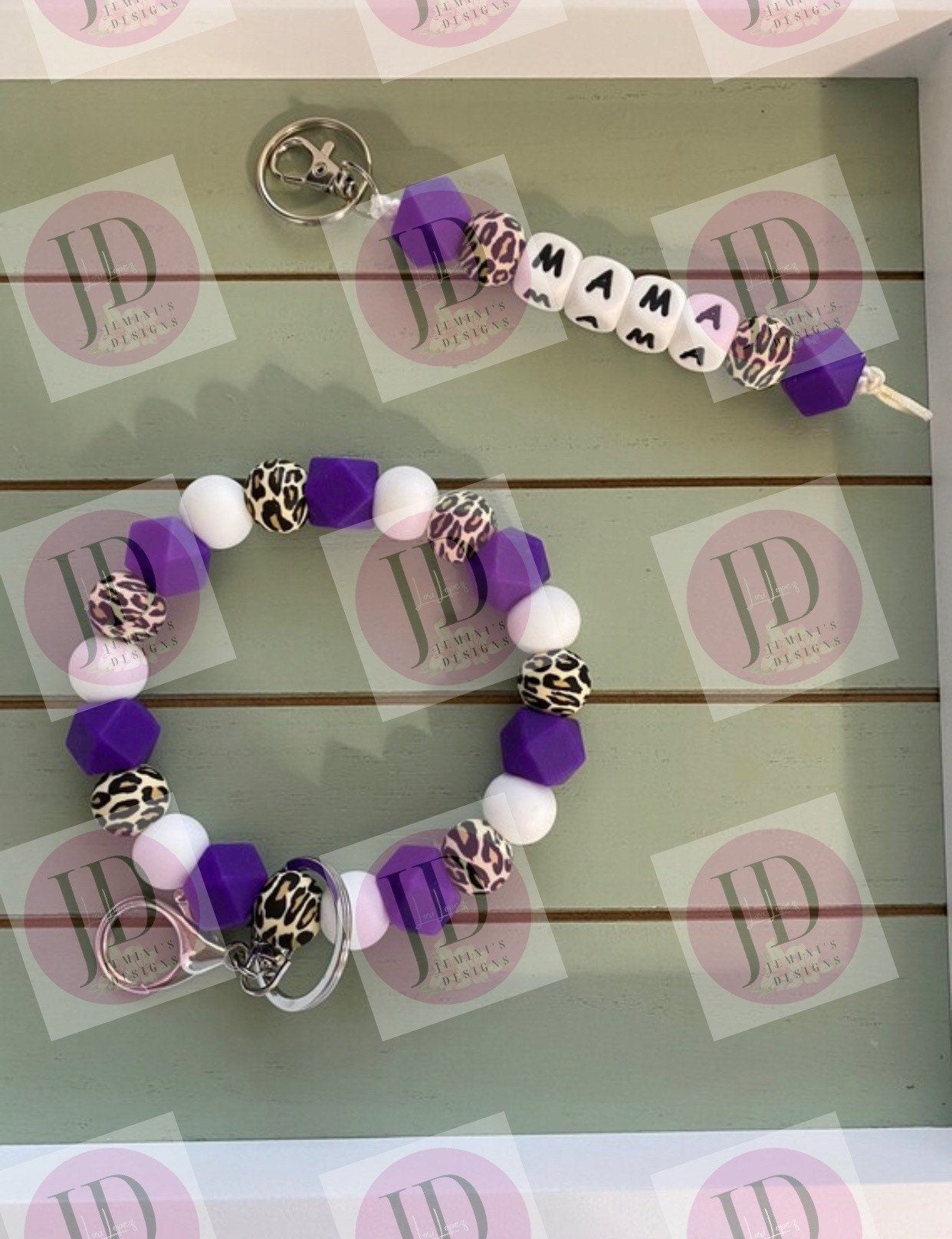 Beaded Bangle purple leopard print Keychain/ mama Keychain or both /beaded Bangle for her/purple  wristlet/bangle Keychain