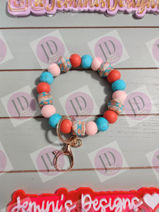 Aztec Beaded Bangle turquoise & coral Keychain/beaded Bangle for her/Aztec print wristlet/bangle turquoise and coral bracelet Bangle