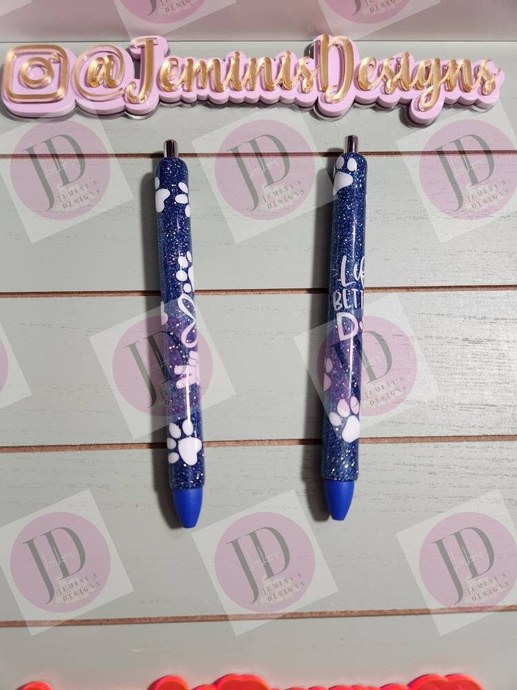 Peace.Love.Dogs or life is better with dogs Glitter Pens/Dog print glitter pens/Blue dog glitter pens