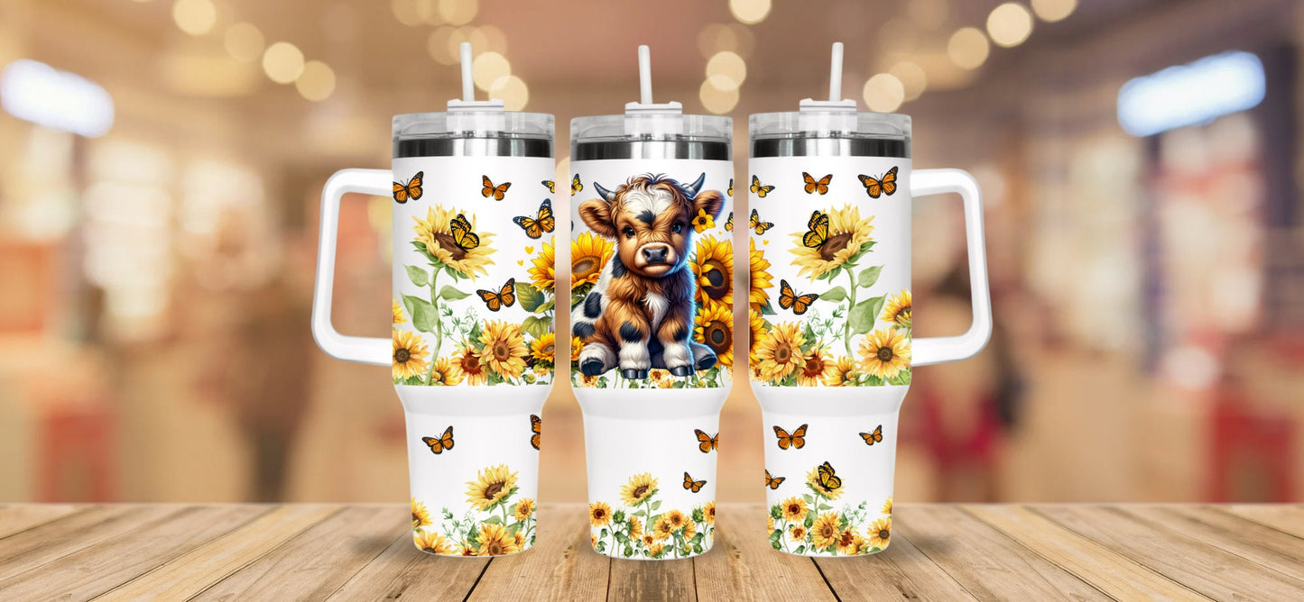 Highland spotted cow sunflower, butterfly, 40oz , yellow tumbler,  Highland baby cow & flowers  tumbler, gift for he