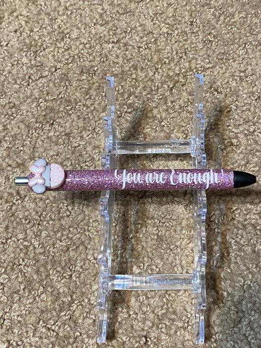 Mouse Glitter Pens, You are Enough! Glitter Gel Pens, Pink, Head and bow button, Custom Glitter Pen