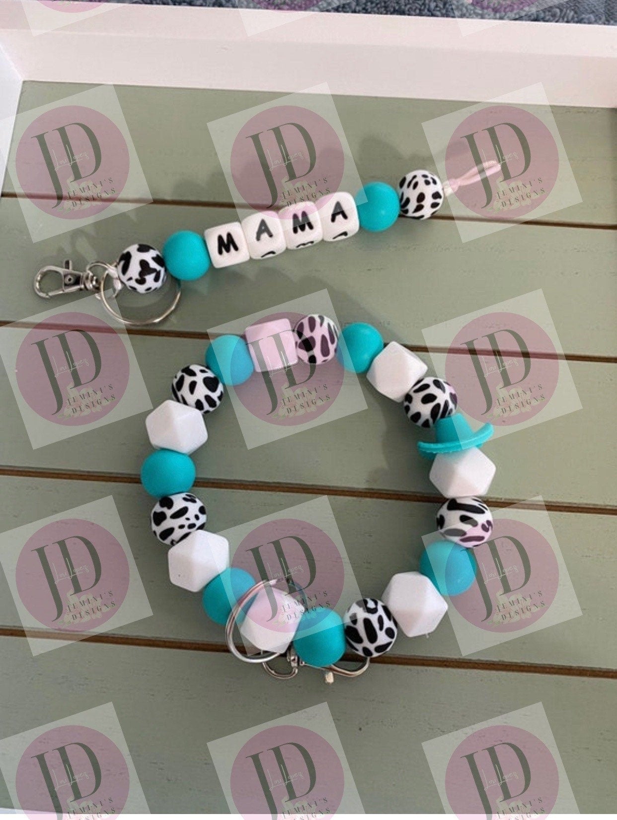 Beaded Bangle teal cow print Keychain/ mama Keychain or both /beaded Bangle for her/teal wristlet/bangle pair