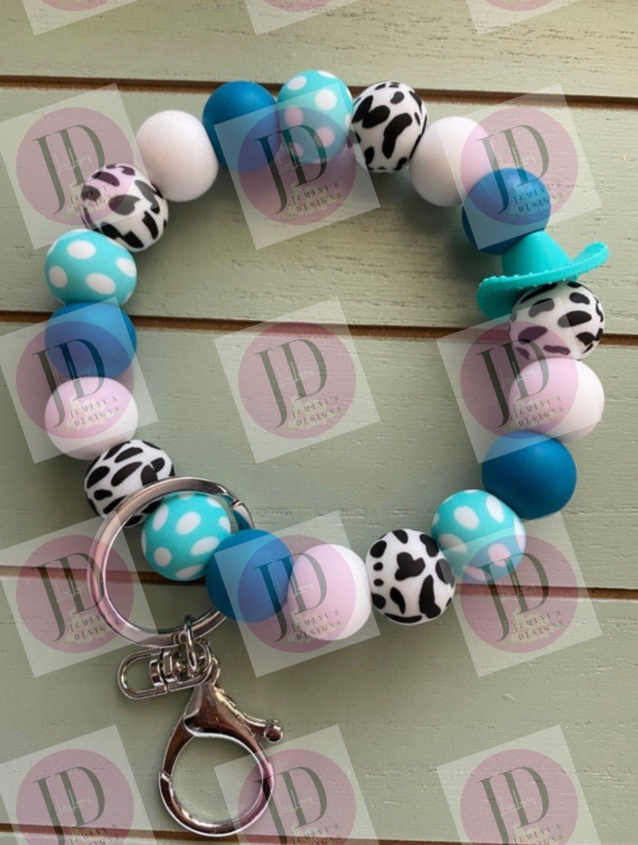 Ready to Ship Beaded Bangle Cowboy hat teal cow print Keychain/beaded Bangle for her/teal cowboy wristlet/bangle teal bracelet