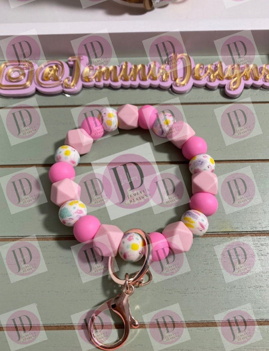 Beaded Bangle pink flamingo print Keychain/beaded Bangle for her/pink flamingo wristlet/bangle pink wristlet  bracelet