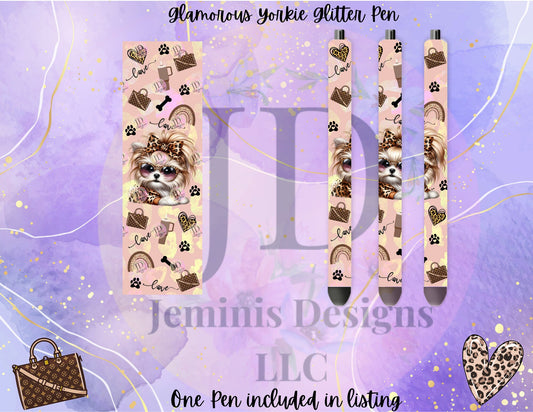 Glamourius Yorkie glitter pen wrap pen, pen wrap with Lots of vibrant colors sparkle. yorkshire terrier leopard pen. Luxury bag/ tumbler