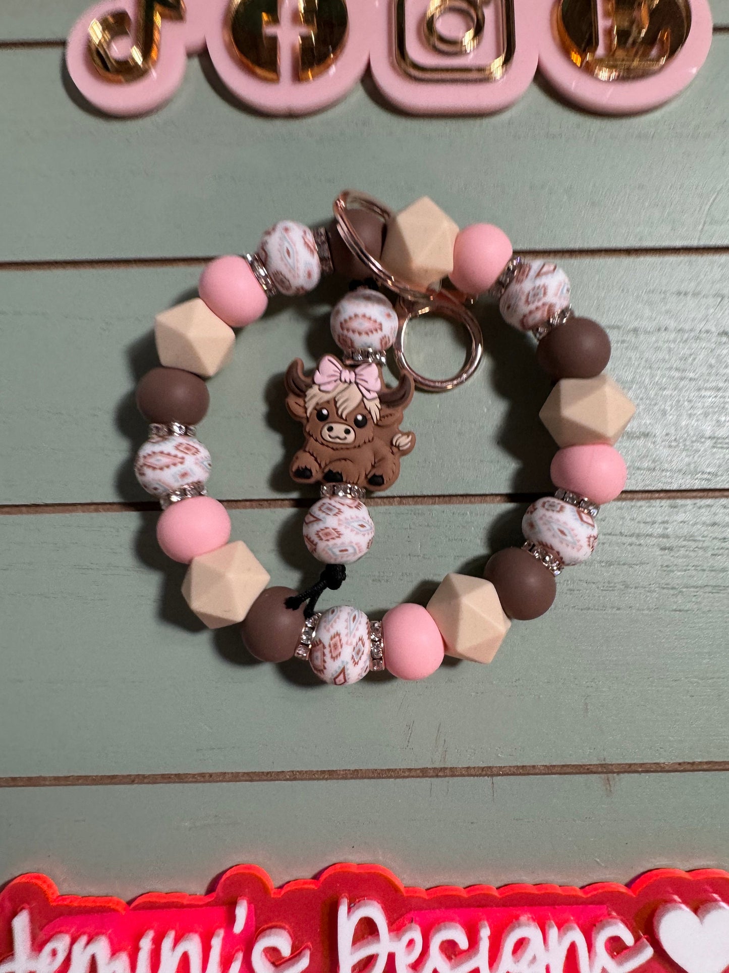 Beaded Bangle Cow/pink/ brown Keychain/ pink cow with bow wristlet Keychain/ Aztec print beads/ lots of bling