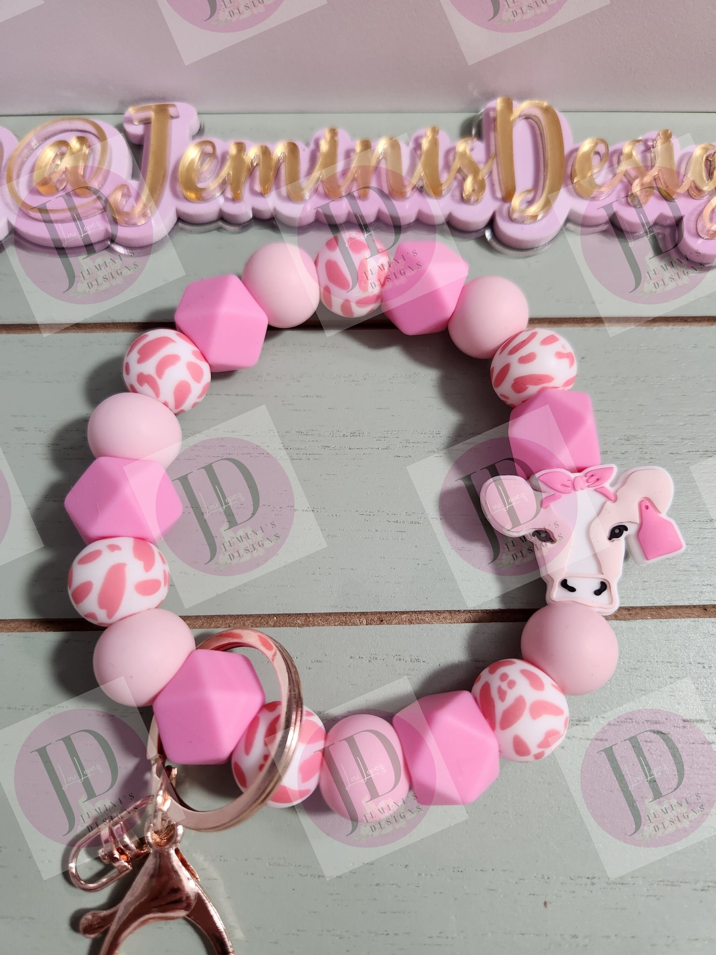 Beaded Bangle daisy cow pink cow print Keychain/beaded Bangle for her/pink cow wristlet/bangle pink bracelet