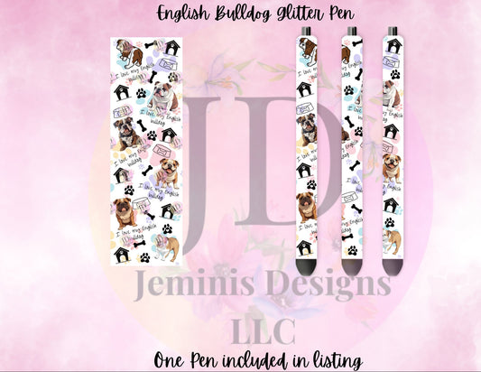 English Bulldog love glitter pen wrap pen, pen wrap with Lots of vibrant colors sparkle. Pink English Bulldog pen.  English bulldogs