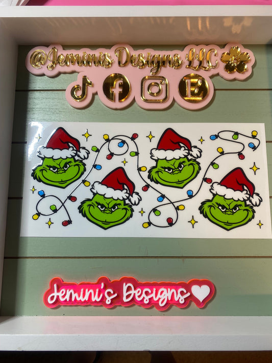 UV DTF 16 oz Glass can Ready to press|  Mean one| Christmas lights-Face green | uvdtf wrap | Permanent decal | No heat needed