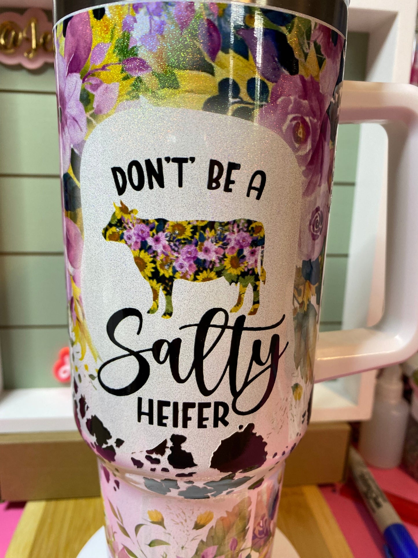 Salty Heifer 40 oz SS  tumbler sublimation highland cow  & uvdtf cow print transfer