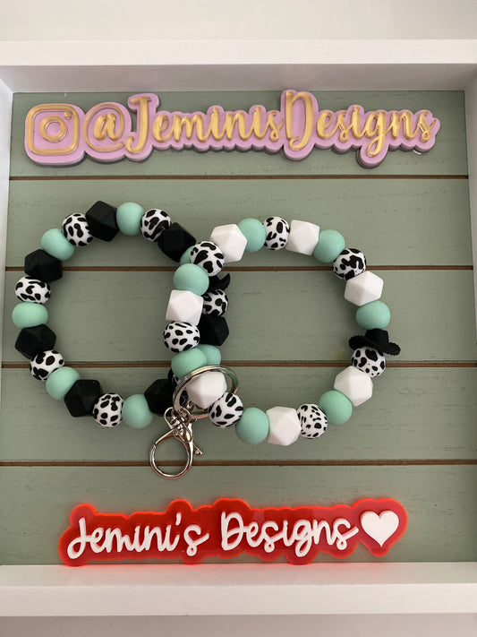 Beaded Bangle Cowboy hat black or white cow print Keychain/beaded Bangle for her/black or white with light marble green wristlet