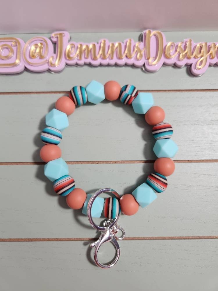 Serape Beaded Bangle  print, serape print turquoise Keychain/beaded Bangle for her/terracotta serape wristlet Bangle bracelet