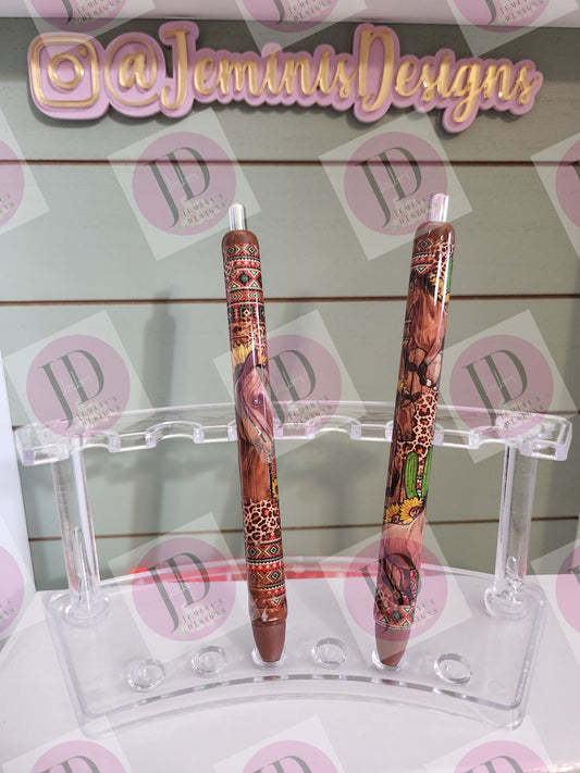 Horse & Sunflower leopard/aztec  pen wrap with Lots of vibrant colors sparkle.  Browns  yellow and reds pen wrap no glitter.  Set of two