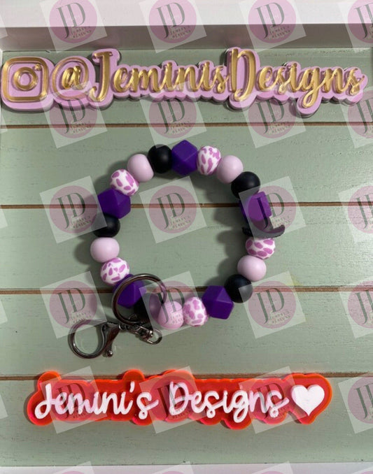 Beaded Bangle Cowboy hat purple and black cow print Keychain/beaded Bangle for her/lavender & black cowboy wristlet/bangle cow wristlet