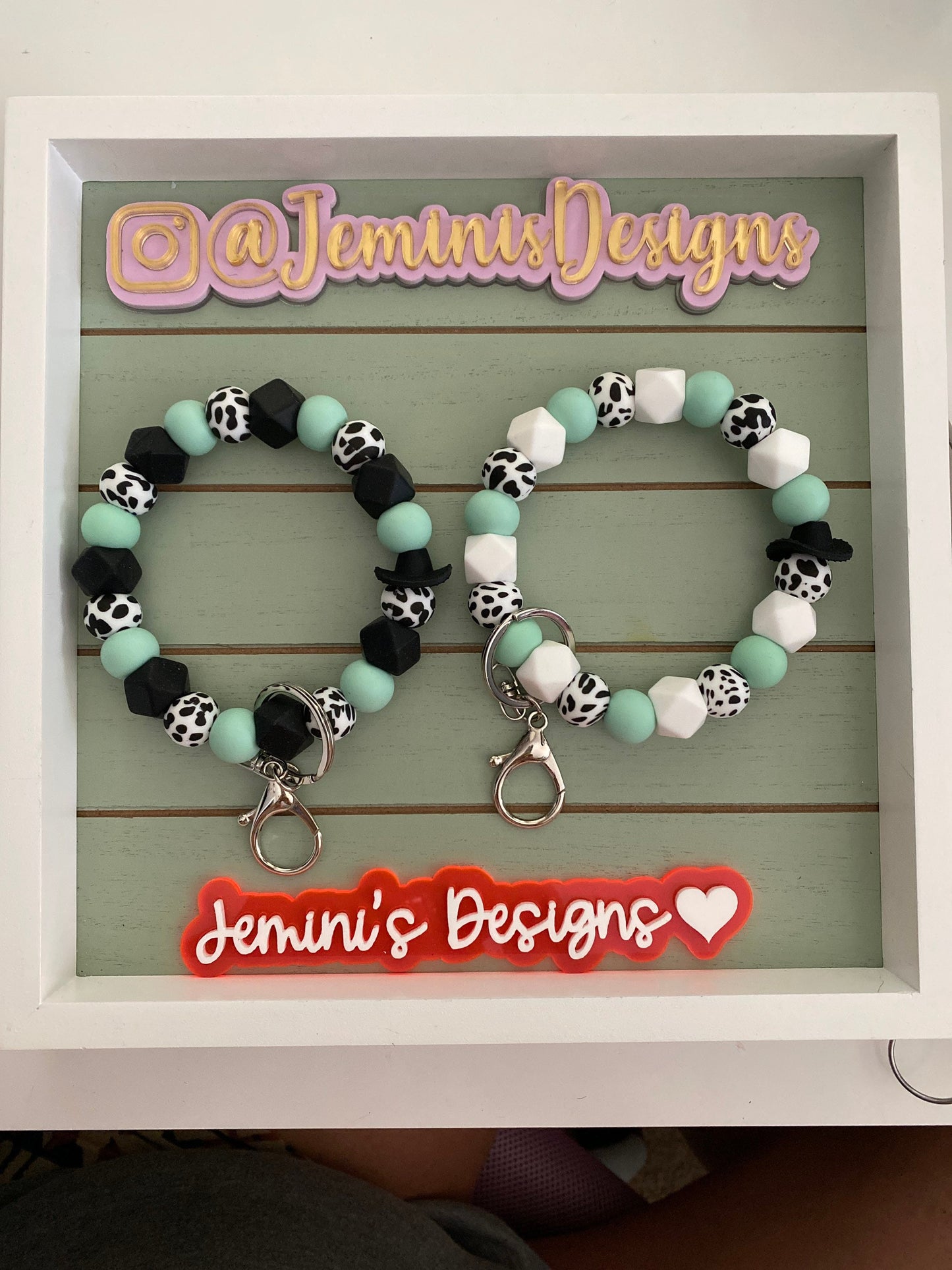 Beaded Bangle Cowboy hat black or white cow print Keychain/beaded Bangle for her/black or white with light marble green wristlet