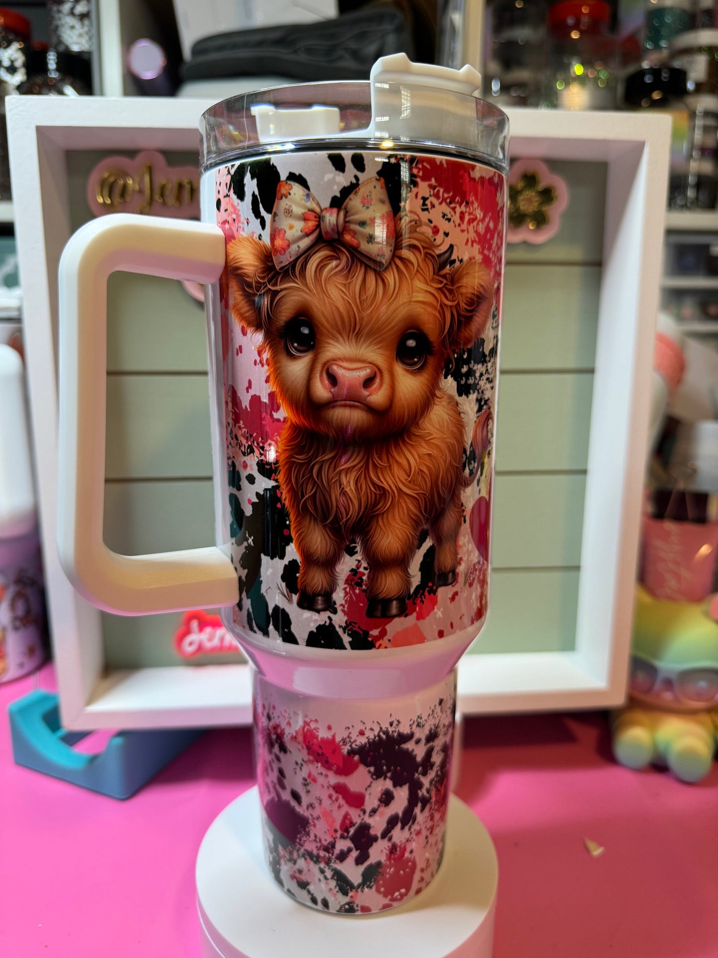 One boujee heifer , cow print , 40oz  tumbler,  red highland with bows tumbler/ boujee tumbler/boujee cow tumbler