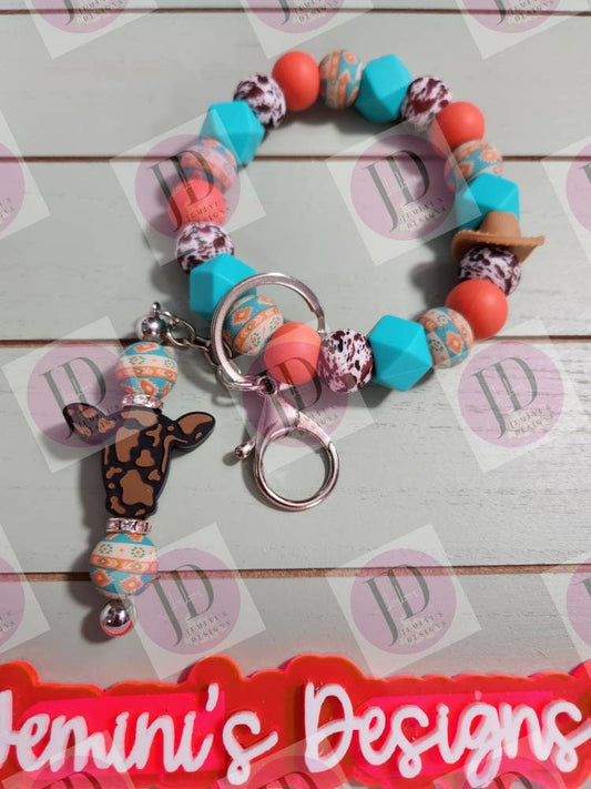 Aztec Beaded Bangle turquoise & coral Keychain and Keychain bar beaded Bangle for her/Aztec print wristlet/bangle turquoise and coral