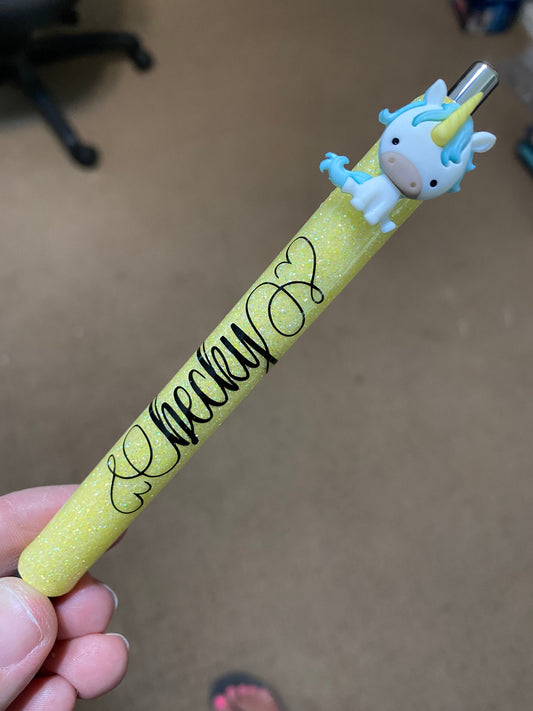 Glitter Unicorn pen, glitter gel pen, yellow glitter unicorn glitter pen,