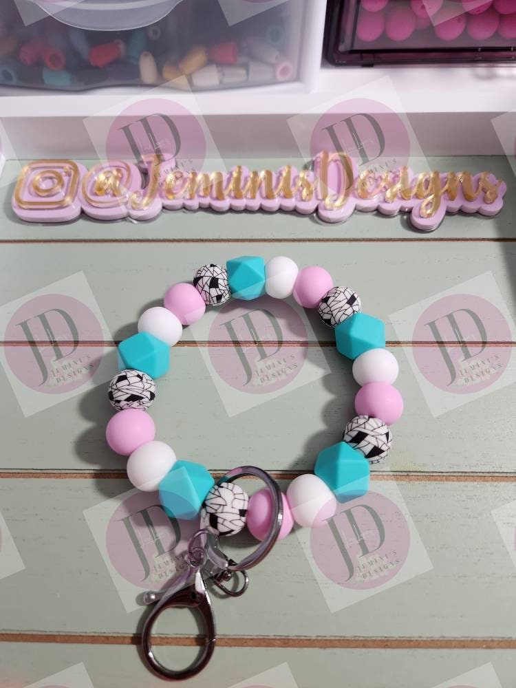 Beaded Bangle pink and teal geometric /Keychain/beaded Bangle for her.  Pink & teal geometric Keychain/beaded  bangle bracelet