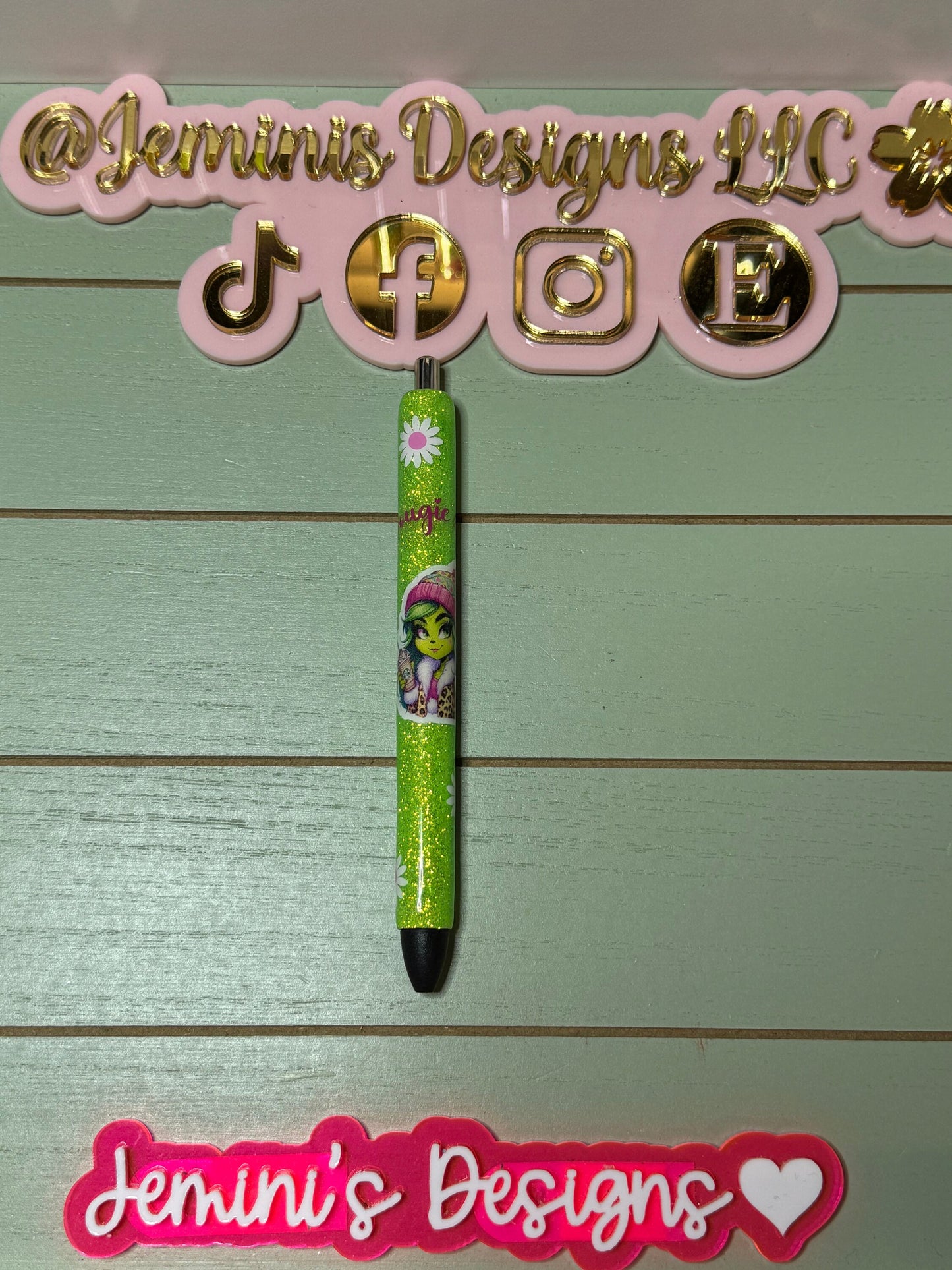 Bougie green girl pen/ glitter bougie girl pen/ green girl coffee glitter pen/ bougie glitter pen/ pink leopard green girl glitter pen