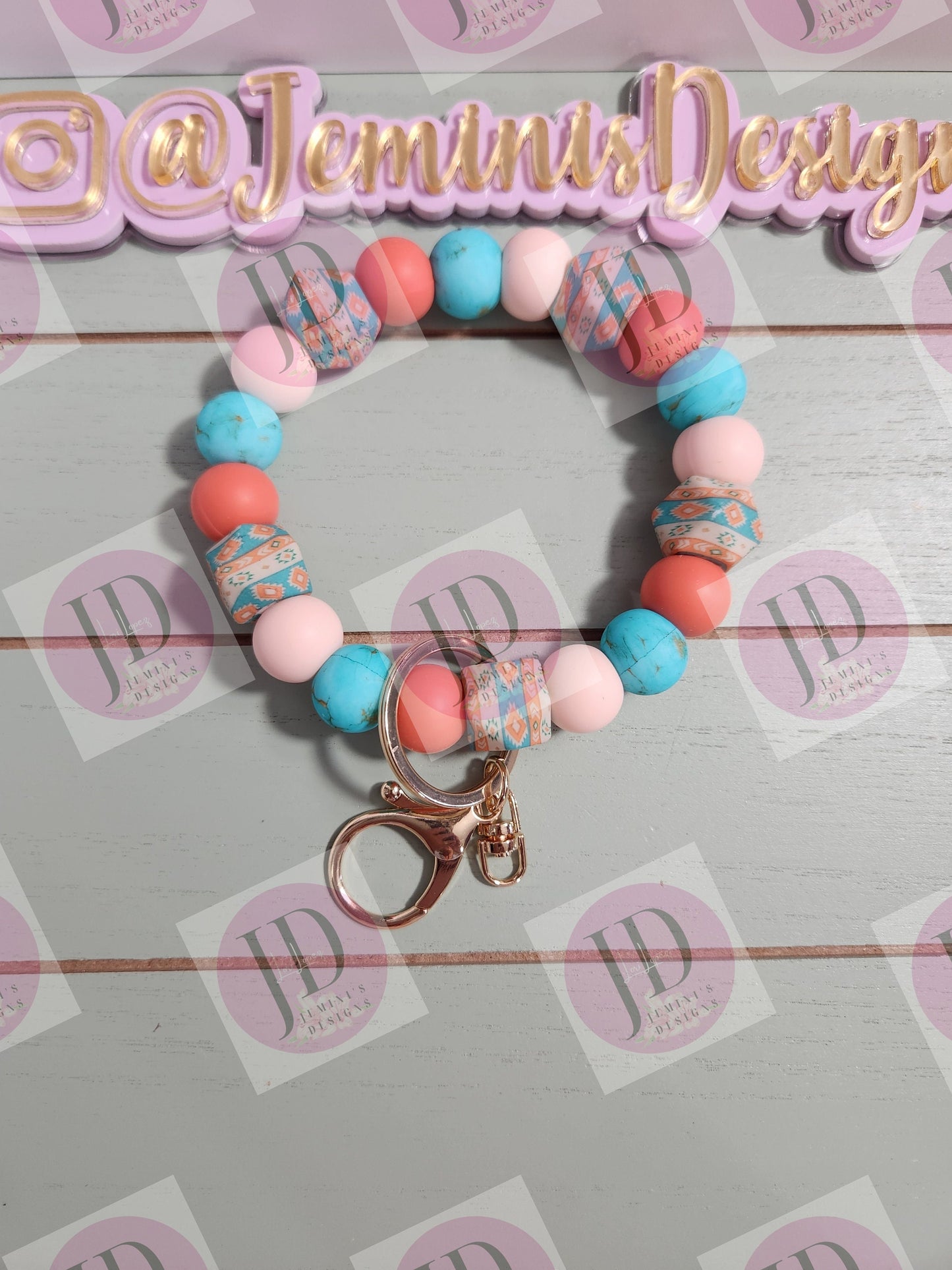 Aztec Beaded Bangle turquoise & coral Keychain/beaded Bangle for her/Aztec print wristlet/bangle turquoise and coral bracelet Bangle