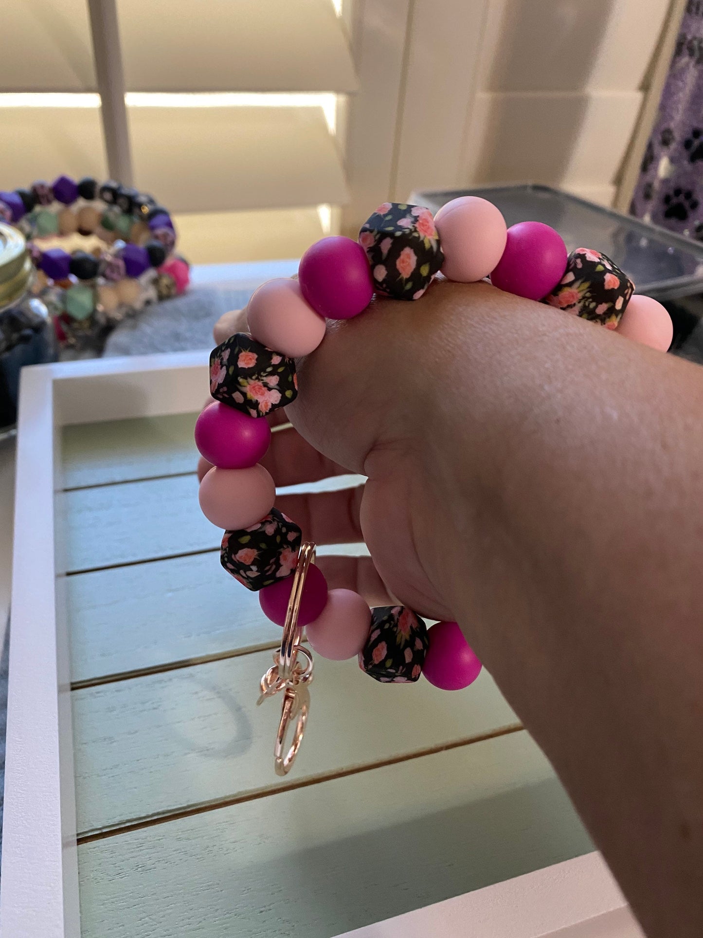 Ready to Ship Beaded Bangle floral black & pink print Keychain/beaded Bangle for her/pink floral wristlet/bangle black and pink bracelet