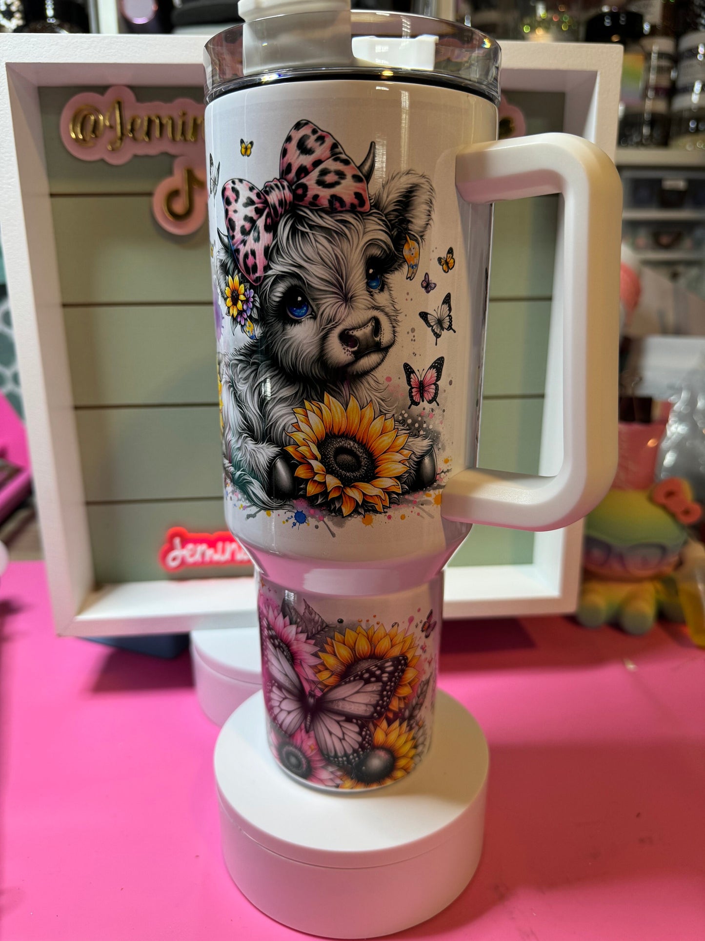 Highland cow black and color sunflower & butterfly 40oz  tumbler,  blue eyed highland with leopard bows tumbler/ highland sunflower tumbler