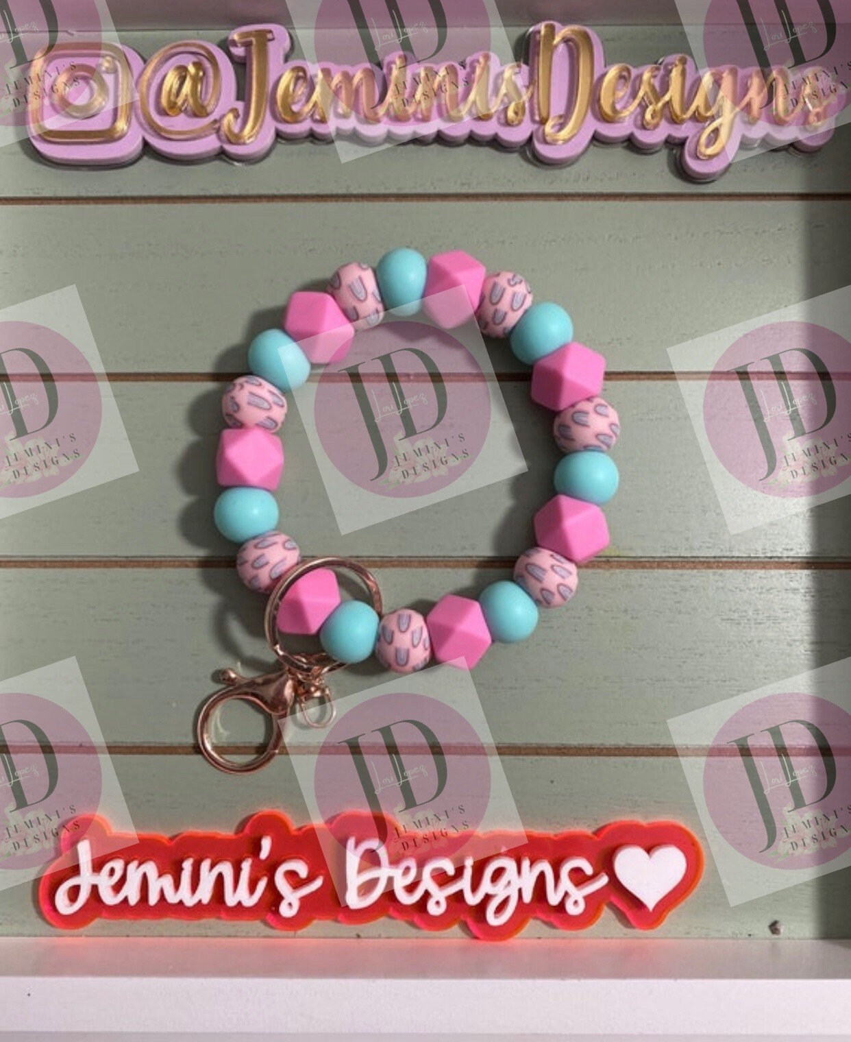 Beaded Bangle Rainbow pink & light teal Keychain/beaded Bangle for her/pink and teal rainbow wristlet Bangle bracelet