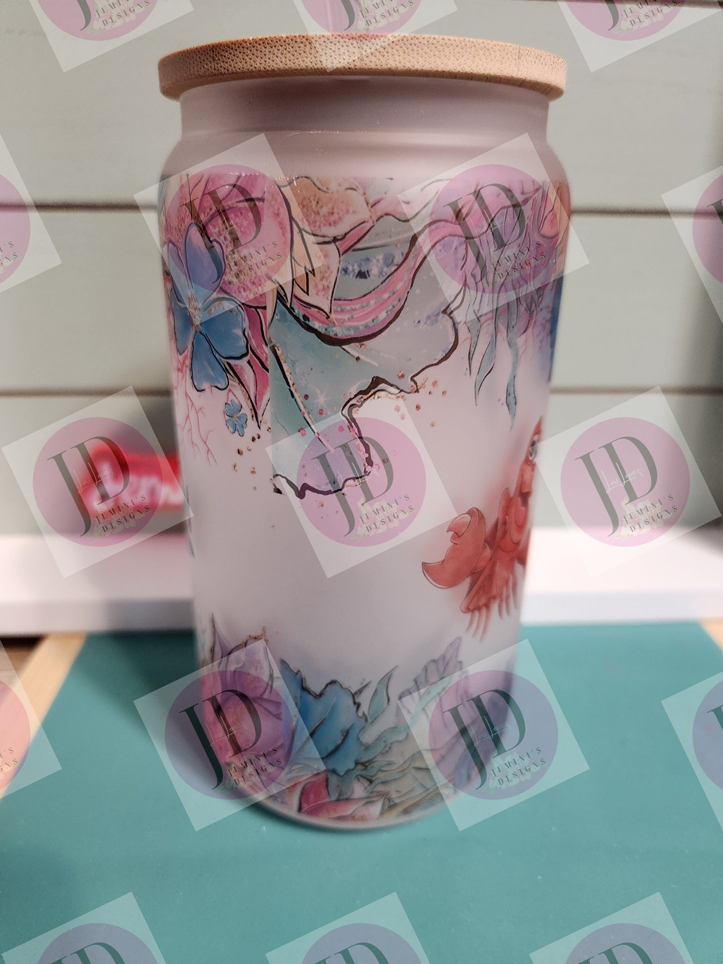 Mermaid, crab and fish tumbler, 16oz frosted glass w/ bamboo lid/under sea sublimated glass can/sublimated mermaid glass can tumbler