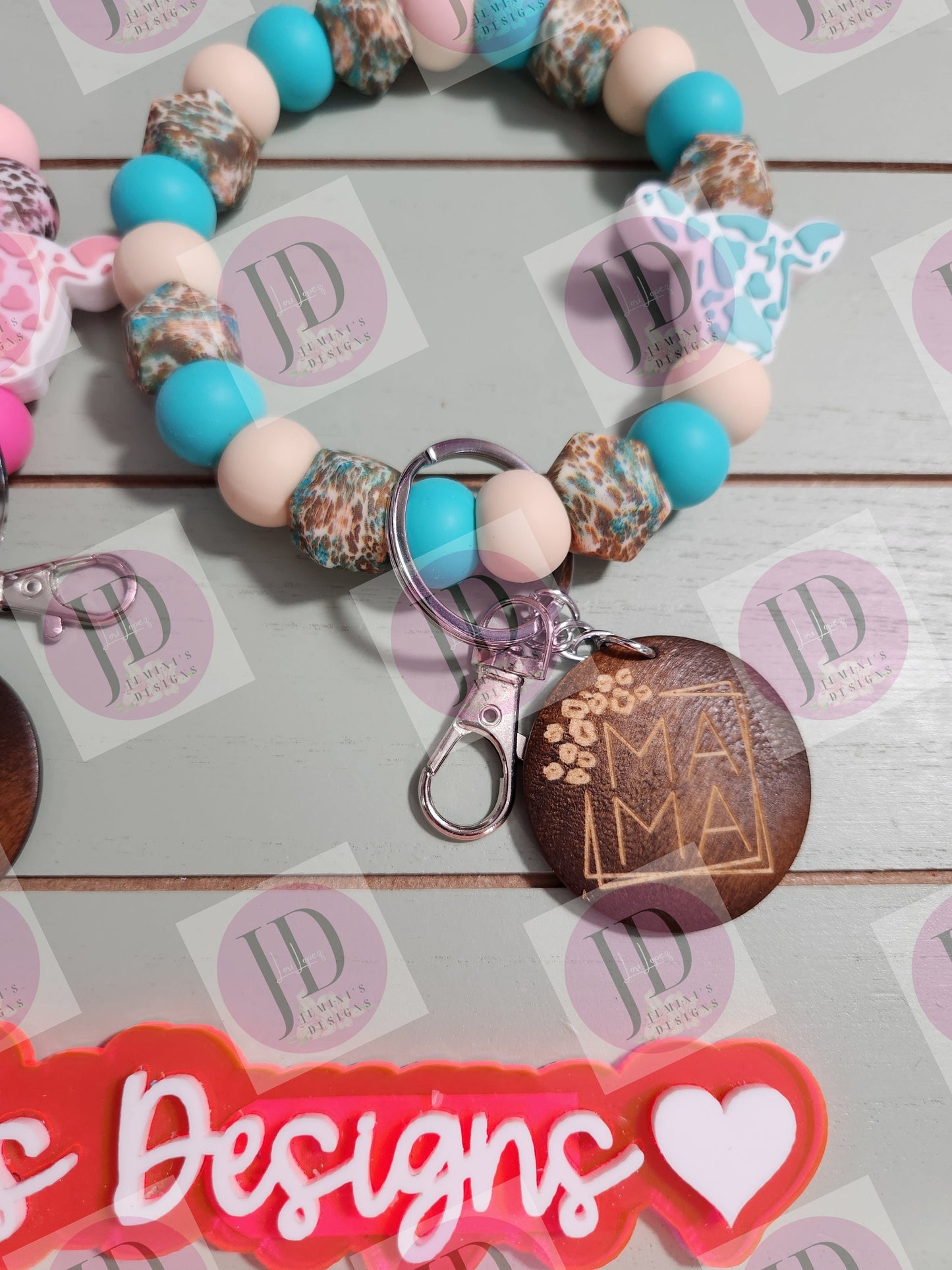 Beaded Bangle Cow head pink or turquoise keychain/beaded Bangle for her/wood mama charm/cow print beads/ gift for her