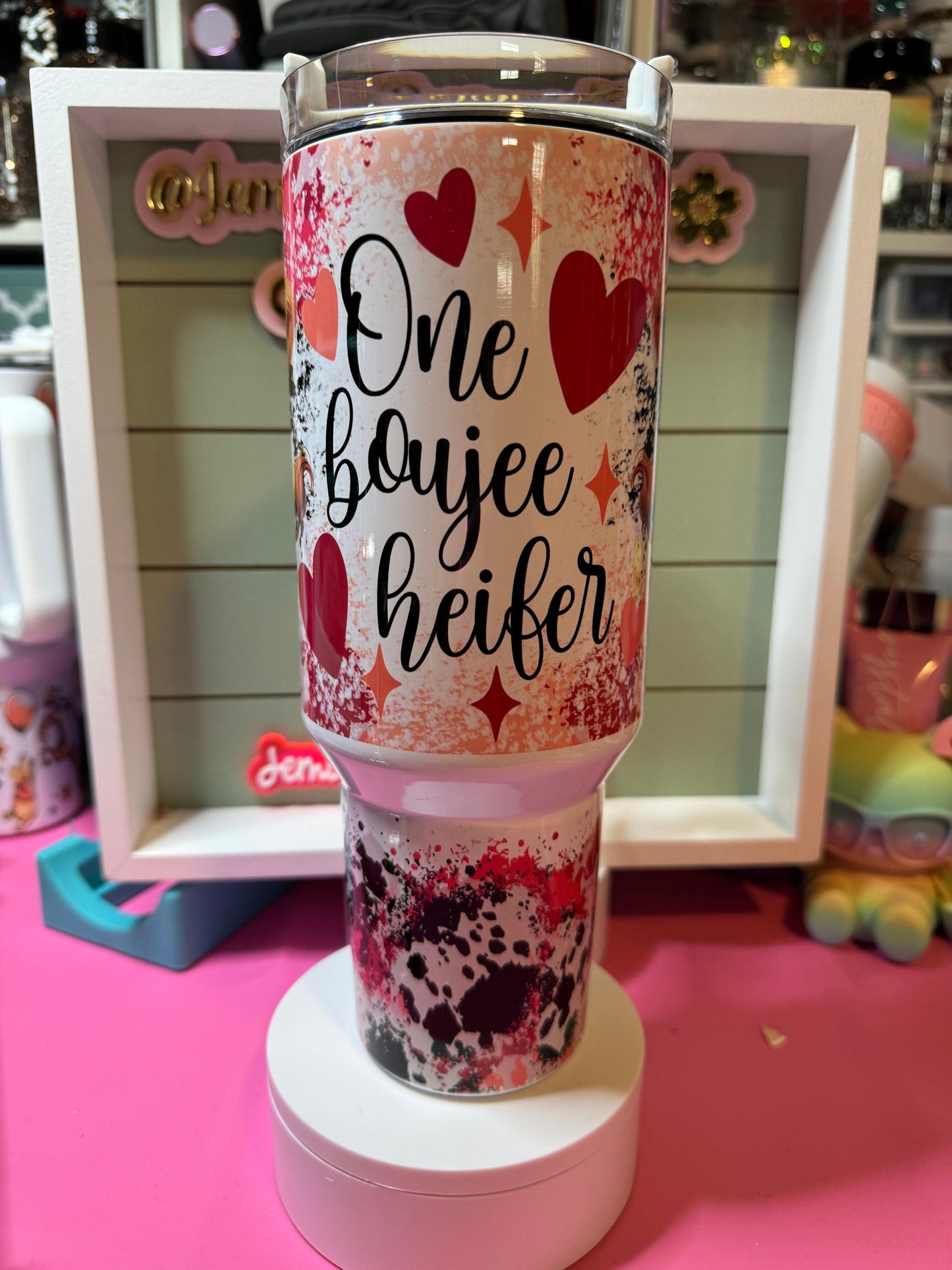 One boujee heifer , cow print , 40oz  tumbler,  red highland with bows tumbler/ boujee tumbler/boujee cow tumbler