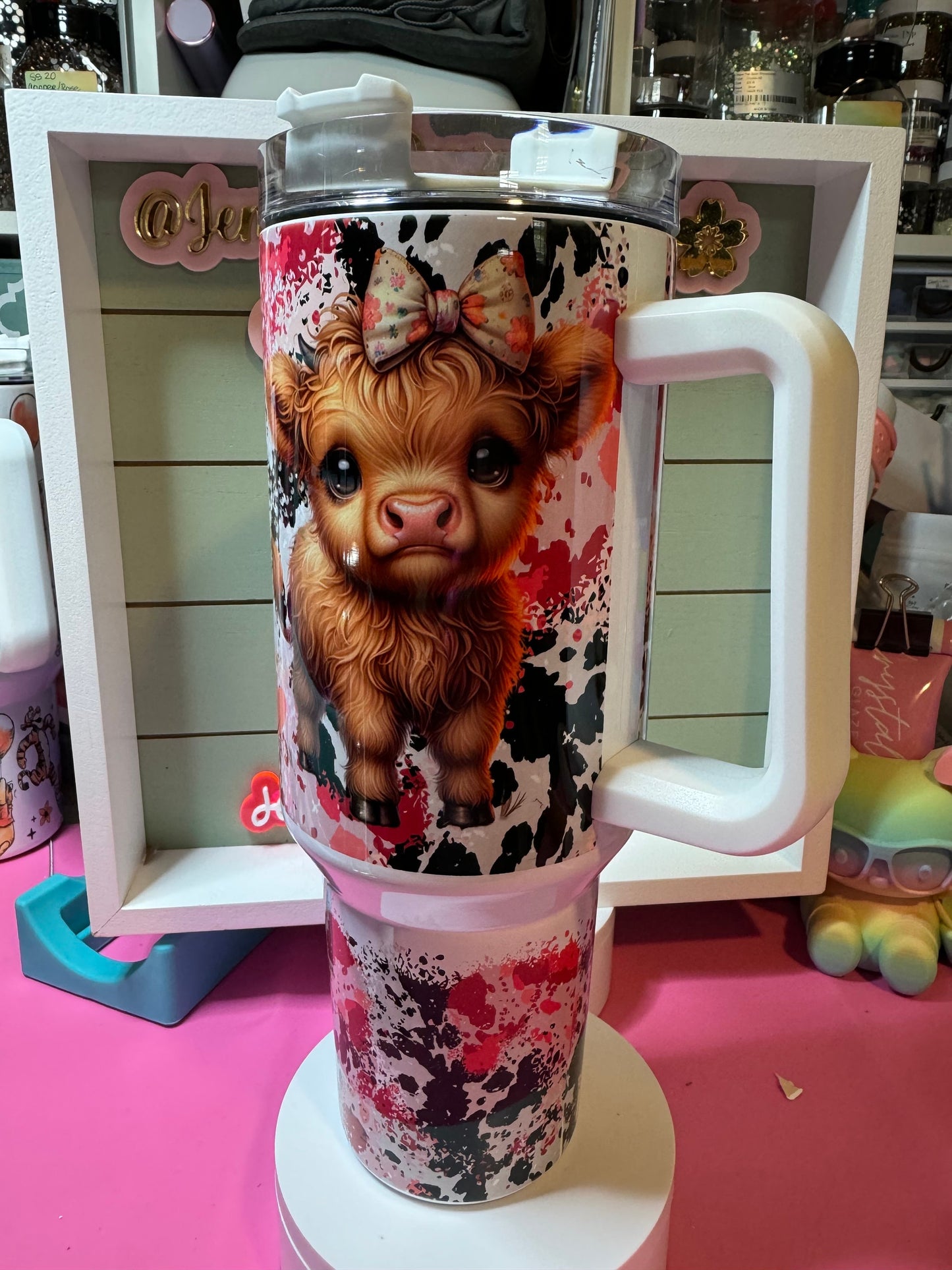 One boujee heifer , cow print , 40oz  tumbler,  red highland with bows tumbler/ boujee tumbler/boujee cow tumbler