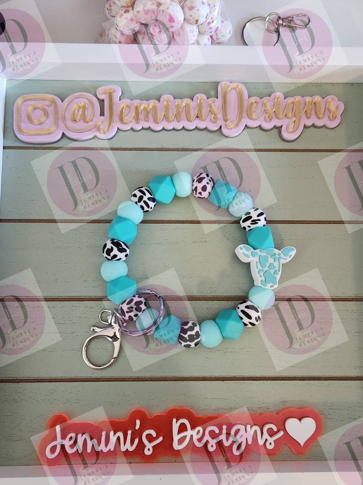 Ready to Ship Beaded Bangle Cow/ teal cow print Keychain/beaded Bangle for her/teal cow wristlet/bangle teal bracelet